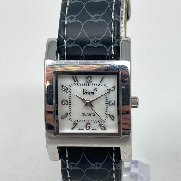 Vivani Watch Women 25mm Silver Tone MOP Dial Black Heart Band New Battery 8" - Picture 2 of 16